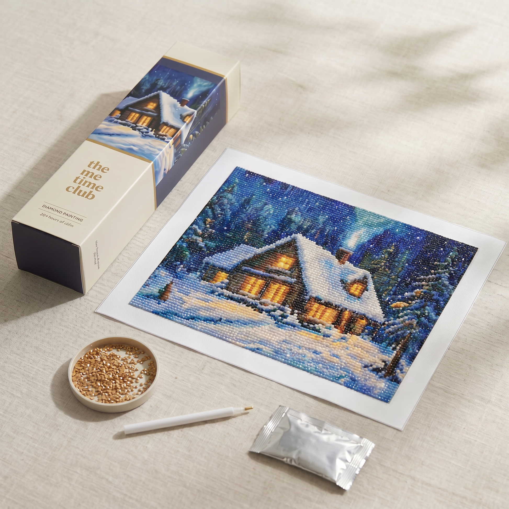 First Snowfall diamond painting kit with The Me Time Club box