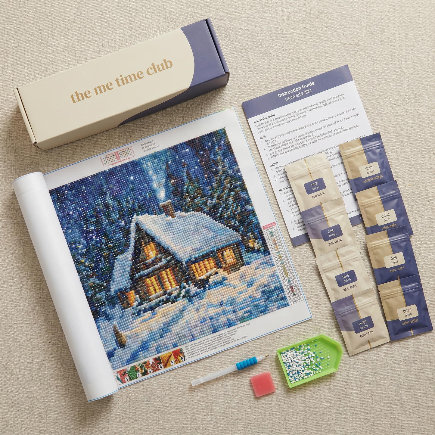 What's inside the First Snowfall kit: canvas, diamonds, pen, tray, wax, guide