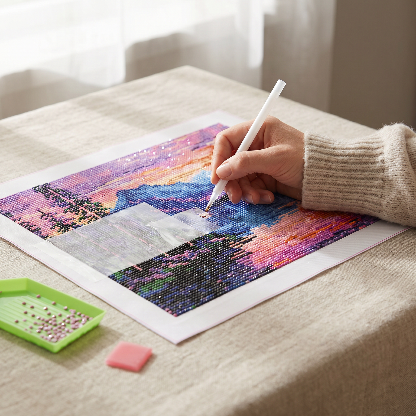 Placing diamonds on the Lavender Hour canvas