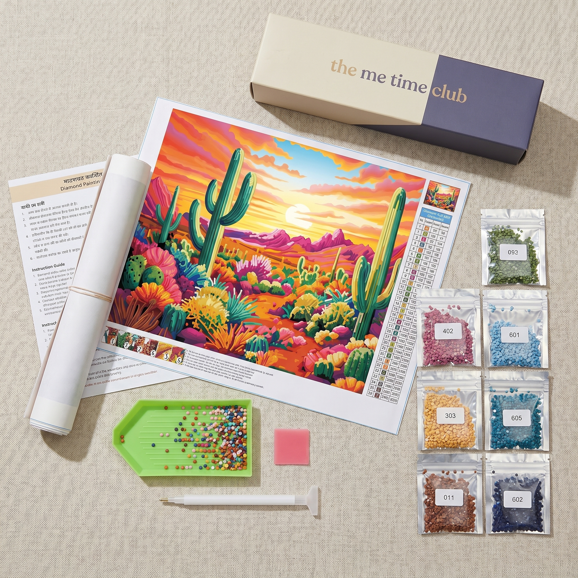 What's inside the Desert Bloom kit: canvas, diamonds, pen, tray, wax, guide