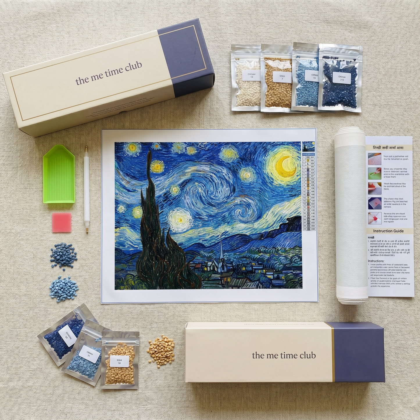 What's inside the Starlit Night kit: canvas, diamonds, pen, tray, wax, guide